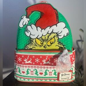 Loungefly Grinch Holiday Sweater Backpack with Santa Hat nwt